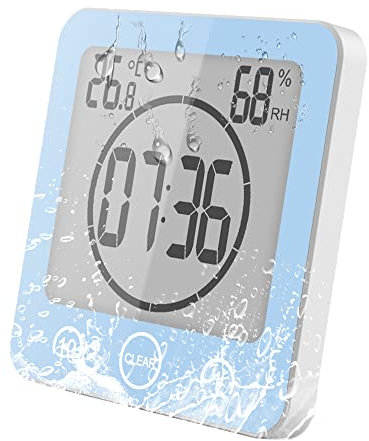 VORRINC Uhr Badezimmer, Bad Uhr Wasserdicht Berührungssteuerung ℃ / ℉ Luftfeuchtigkeit Temperatur LCD Display, Badezimmeruhr mit saugnapf, Countdown Timer, für Dusche Küche (Blau)