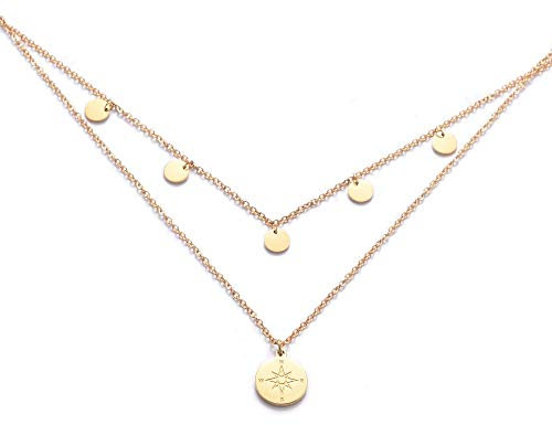 Kim Johanson Edelstahl Damen Multilayer Halskette *Coin & Kompass* in Gold mit 5 runden Plättchen (2 x Ketten Set) Boho Schmuck Kette verstellbar inkl. Schmuckbeutel