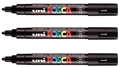 POSCA Mitsubishi Pencil – 3 schwarze Marker, PC5M, konische Spitze, mittlere Spitze, Marker auf Wasserbasis – für Papier, Textilien, Glas, Kieselstein, Holz etc.