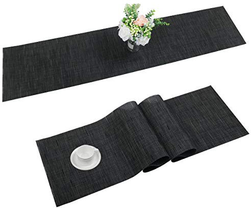 SHACOS Tischläufer Outdoor Tischläufer Abwaschbar Hitzebeständig Tischdecke Läufer Vinyl PVC Tischläufer Küche Modern Bambus Tischläufer für Esstisch, Restaurant, Holztisch, 30 x 180cm (Schwarz)