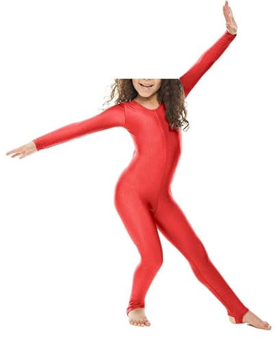 BODYWEAR LTD - Langärmeliger Catsuit aus glänzendem Nylon für Mädchen – Ganzkörperanzug – Gymnastikanzug – Performance-Wear – bequeme Passform – perfekt für Tanz, Ballett, Gymnastik, rot, 9-10 Jahre