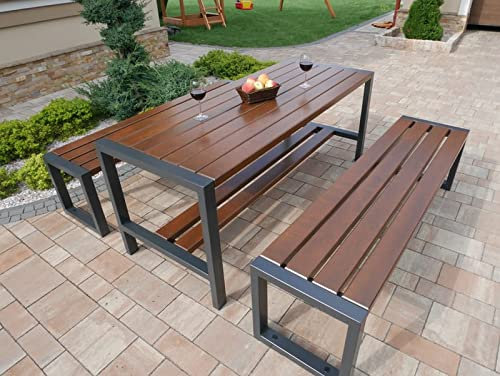 Modernes Zeitloses Holz Balkonmöbel Terrassenmöbel Gartenmöbel Set 3-teilig - Essgruppe Sitzgruppe mit Terrassenbank Gartenbank Gartentisch Stühlen für Outdoor Garten Terrasse - für 6 Personen (Nuss)
