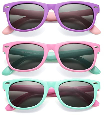 COASION Kids Polarized Sunglasses Set TPEE Rubber Flexible Shades for Girls Boys Age 3-9 Sunglasses 3 Pack (Purple + Rosepink + Applegreen)