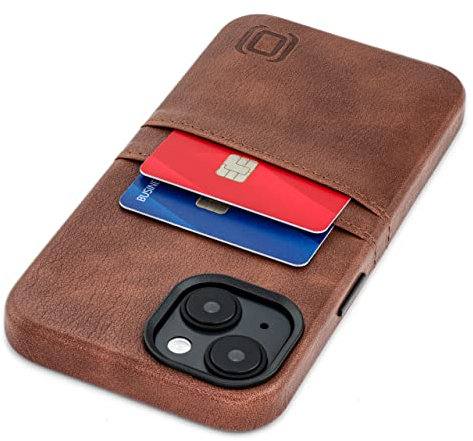 Dockem Card Case for iPhone 14 with Built-in Metal Plate for Magnetic Mounting & Wallet with 2 Holder Slots: M2 Exec Premium Synthetic Leather (Brown)