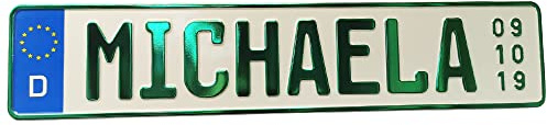 Geburtstagsschild Auto Schild Kennzeichen Name + Text Grün Metallic + Geburtsdatum + Prägung 8 Zecihen + Geburtsdatum Geschenk Schild Spaß