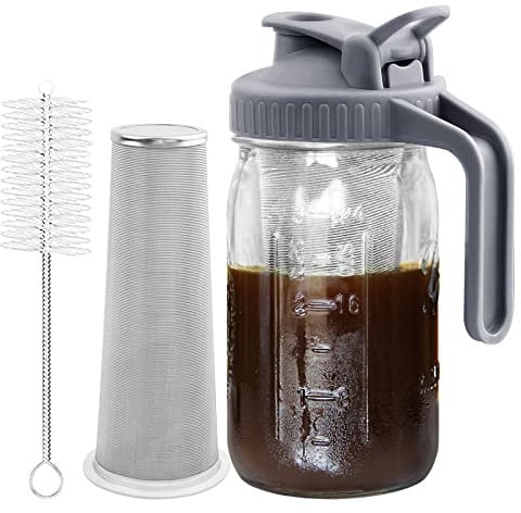 Cold Brew Coffee Maker Pitcher, 32 oz Thick Glass Mason Jar Spout Lid with Handle & Stainless Steel Filter for Iced Brew Coffee, Ice Lemonade, Sun Tea, Fruit Drinks Container