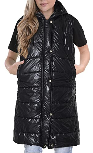 A2Z Ladies Sleeveless Gilet Oversized Hooded Quilted - Gilet 802 Wet Look Black 4XL