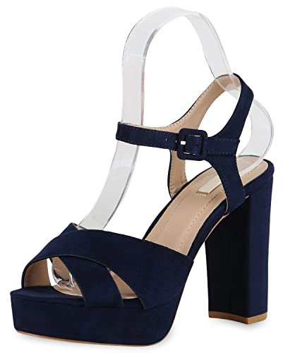 VAN HILL Damen Plateau Sandaletten Blockabsatz High Heels Wildleder-Optik Party Schuhe Absatzschuhe 175328 Dunkelblau Trendy 38