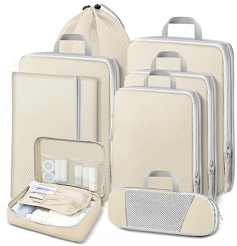 Lannvan Koffer Organizer Set 8 Teilige,Platzsparendes Packing Cubes Compression,Ultraleichte Packwürfel mit Kompression,Wasserfester Travel Organizer Packtaschen für Koffer,Rucksack und Gepäck,Beige