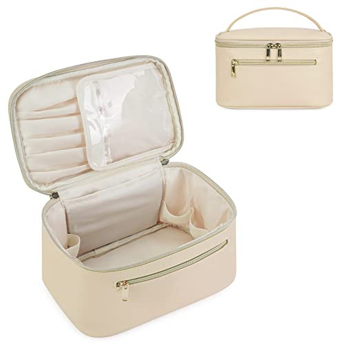 Wandering Nature Kosmetiktasche Damen Schminktasche Groß Reise Make Up Tasche mit Bürstenfach Organizer Kulturbeutel PU-Leder Tragbare Makeup Bag, Beige (Patent Angemeldet)