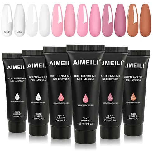 AIMEILI Builder Gel Kit, 6 Colors 15ml Clear Nude Pink Extension Polish, UV LED Enhancement Kit