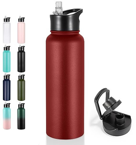 VEGOND 40 oz Insulated Water Bottle Stainless Steel Metal Sports Water Bottles with Leak Proof Straw Lid & Spout Lid, Wide Mouth Double Walled Vacuum Travel Bottle Cup, Red