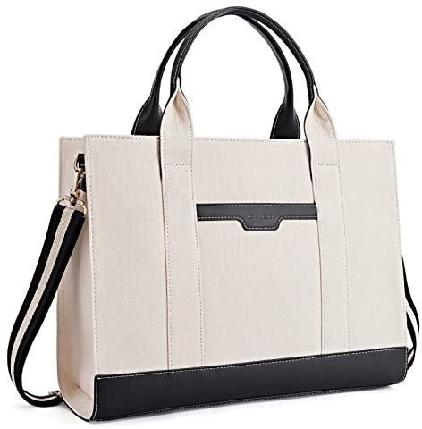 Missnine Damentasche für Laptop 15,6 Zoll, Dokumententasche, großes Format, Handtasche, Einkaufstasche, Schularbeit, Segeltuch, Beige und Schwarz, briefcase