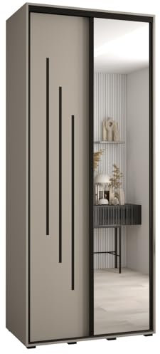 MEBLE KRYSPOL Dakota 9 Schrank mit Zwei Schiebetüren - Moderner Kleiderschrank mit Spiegel, Kleiderstange und Regalen - 235,2x100x60cm - Kaschmir Schwarz