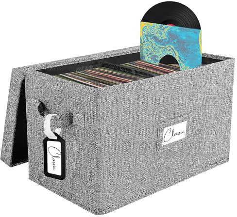 Scatola portaoggetti per dischi in vinile per LP da 7/45 giri, custodia grigia con coperchio, può contenere fino a 80 album, porta CD per riprodurre musica, organizer pieghevole con maniglia