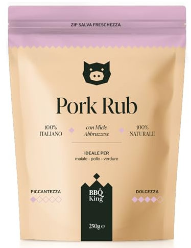 BBQ KING - Pork Rub Confezione da 250 Gr, Dry Rub Bbq per Maiale Ideale per Barbecue e Grill, Set Spezie Cucina 100% Made in Italy, Miscela di Spezie per Carni di Maiale, Agnello o Verdure