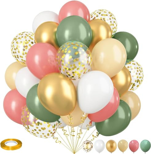 Ballons Anniversaire Vert Rose, Ballons de baudruche Verts Rose Blancs Or, Ballon pour Décoration Anniversaire, Mariage Champetre, Communion, Baby Shower Decoration