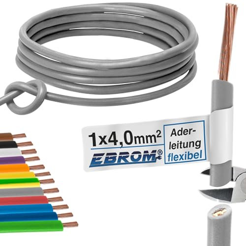 EBROM - Cable de 20 metros con varios hilos - Cable simple - Cable de cableado flexible - Cable de PVC - H07V-K 4mm2 | 4 mm² | 4 mm² - Color: gris - cobre completo 99,9% cobre OFC - Longitud: 20