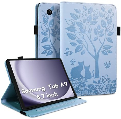 LSPCASA Funda compatible con Samsung Galaxy Tab A9 de 8.7 pulgadas SM-X110/X115, función atril, funda para tablet Samsung A9 de piel sintética con banda elástica, color azul