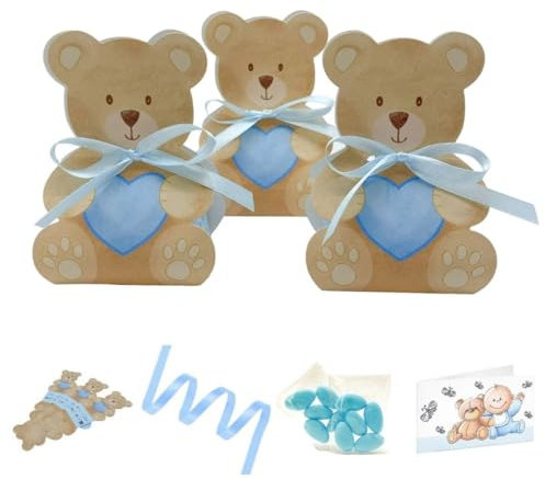 Ingrosso e Risparmio Bomboniere Battesimo 20 Scatoline Orsetto in Cartoncino Cuore Celeste 20 Bigliettini Personalizzabili 20 Bustine di Confetti Celeste Cioccolato Bimbo Scatole Portaconfetti Nascita