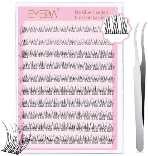 EMEDA Self Adhesive Lash Clusters Kit No Glue Needed Natural Eyelash Clusters 10mm 11mm 12mm 13mm Pre Glued Lash Cluster, 120pcs Press on Cluster Lashes with Tweezers Glueless Lashes (Fishtail mix)