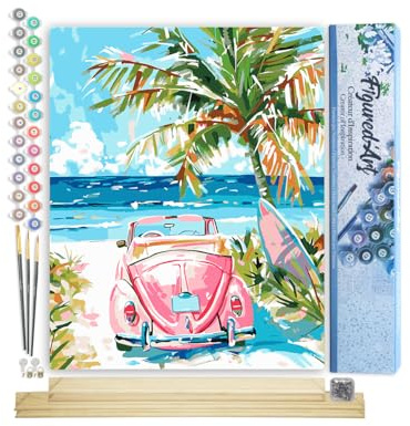 Figured'Art Peinture par Numéro Adulte avec Cadre Voiture rose près de la mer - Activité Manuelle Kit de Loisir Créatif DIY Numéro d'Art Complet - 40x50cm avec châssis en bois à monter