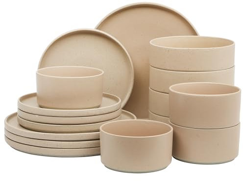 Gibson Elite Tatum Lot de 16 assiettes et bols empilables en porcelaine mate et réactive (service pour 4) - Vaisselle en céramique - Rose pâle/taupe