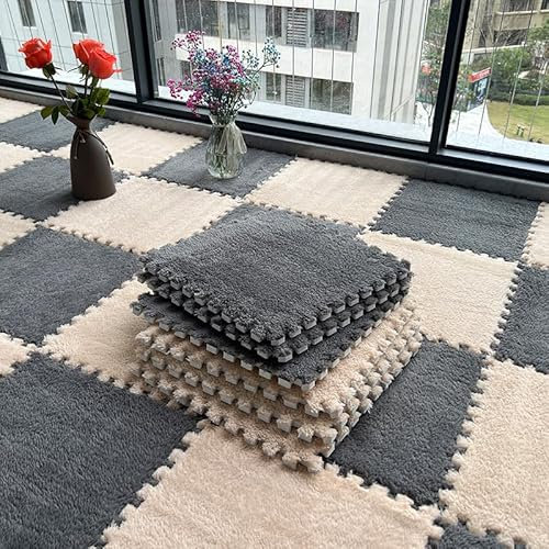 10 Stück Spielmatten aus Plüschschaum, quadratisch, langflorig, Puzzlematte für Spielzimmer, 30 x 30 x 1 cm, Grau Beige