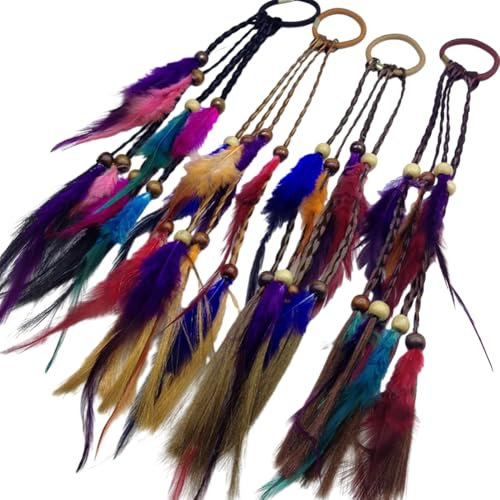 4pcs Boho Hippie Feder Haarverlängerungen mit elastischem Haargummi Indischer Kopfschmuck Federhaarverlängerungs Indianer Feder Haargummi Kopfschmuck für Frauen Mädchen Party Festival Dekor