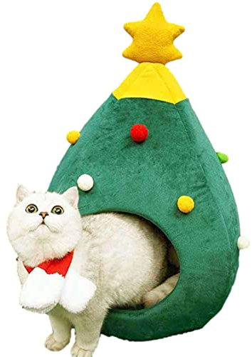 Lesunbak Casa de gato con árbol de Navidad, idea de muebles para gatos, bonita cama para gatos, cama para gatos de interior, decoración de Navidad, casa de gato portátil, casa verde para mascotas,