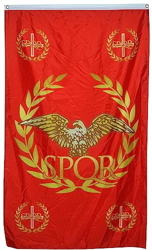 SPQR Bandiera dell'Impero Romano Senato e Popolo di Roma Storia 0,9 x 1,5 m – Resistente allo sbiadimento UV, doppia stampa e doppia cucitura, in poliestere 150D, per uso esterno o interno (verticale