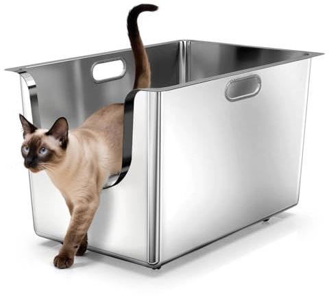Stainless Steel Litter Tray 35cm High Sides, XL Metal Cat Litter Tray with Curved Low Entry, Cat Litter Pan for Big & Multiple Cats, Pet Toliet with Handy Wheels for Easy Moving