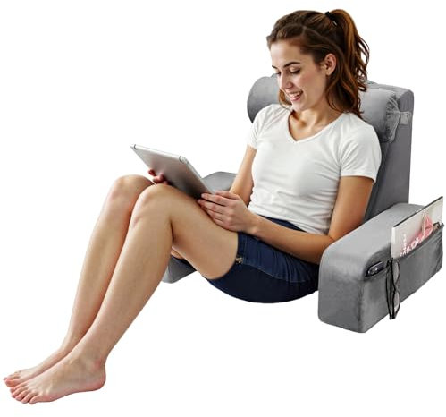 VEVOR Almohada de Lectura, Almohada de Cama Grande con Soporte para el Respaldo, Brazo, 3 Bolsillos, Reposacabezas Extraíble y Esponja 25D, Asa para Facilitar su Transporte para Leer, Jugar, Gris