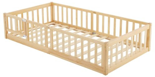 LEADZM 2in1 Bodenbett Montessori Kinderbett mit freiem Tor, Rausfallschutz & Lattenrost | Gitterbett, Jugendbett & Einzelbett (Natur, 90×200 cm) – 2 Größen, Tragfähigkeit bis 300 kg, umbaubar