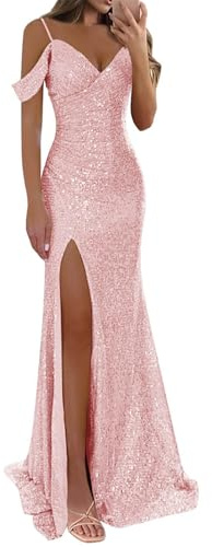 KURFACE Robe de bal à paillettes pour femmes avec fente, manches courtes, longue robe de bal sirène, robe de soirée formelle, rose, 34