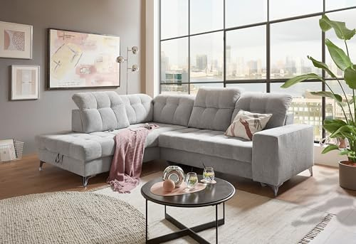 Ecksofa Varadero in Hellgrau (Light Grey) – Eckcouch in L-Form mit 5 verstellbaren Kopfstützen, elektrischer Systemverstellung, manueller Sitztiefenverstellung, USB-Anschluss & großem Bettkasten
