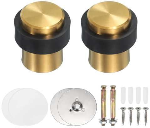 PATIKIL 2Set Round Door Stoppers, 46mm Stainless Steel, Gold Tone | Door Stop Doorstop Wedge,Metal Cylinder,Self Adhesive with Screw,for Bottom of Door Floor Inside
