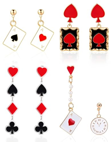 Karneval Ohrringe Kartenspiel – 4 Paar Karneval Accessoires Poker Ohrringe & Herz Design, Herzkönigin Accessoires Für Faschingskostüme Damen & Herzkönigin Kostüm Damen, Queen Of Hearts Costume