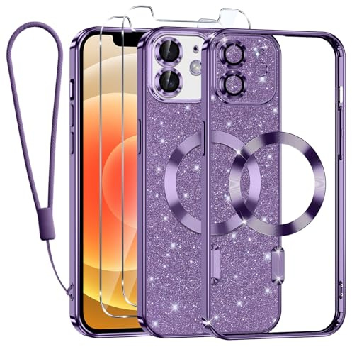 Tikfrlo Handykette für iPhone 12 Hülle mit MagSafe, Glitzer Magnetisch Handyhülle Stoßfeste Silikon TPU Schutzhülle Case für iPhone 12 mit 2 Stück Schutzfolie, Lila