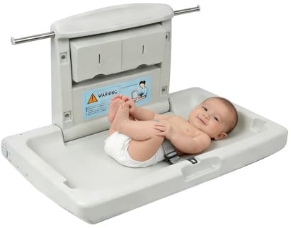PXNTLA-Wall Mounted Commercial Baby Changing Station, Foldable Diaper Change Table for Public Bathroom with Adjustable Safety Strap, Dual Side Hooks & Foldable Storage Boxes