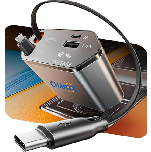 Chakoos Retractable Car Charger, 120W Super Fast Car Phone Charger, 4 in 1 Car Adapter with Retractable Cables, USB Type C Ports 12V USB car charger Adapter Compatible with i Phone, Android