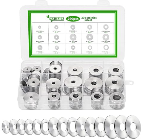 260 Pcs Arandelas Planas de Acero Inoxidable 304, M3-M12 | Juego de arandelas planas y de bloqueo en acero inoxidable 304, tamaños M3-M12, ideales para pernos, tornillos y fontanería.