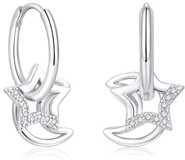 Estrellique Ohrringe Silber 925, Hypoallergen 925 Sterling Silber Creolen | Creolen mit Sonne Sterne Mond Herz Anhängern, Leichte Huggie Ohrringe Silber mit CZ Anhängern, Geschenk für Mädchen Frauen