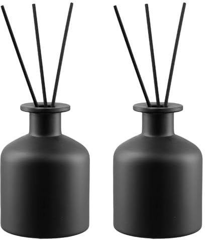 Amexo 2 Pcs Botella Difusora de Cristal Vidrio, 250ML Botella Difusora Recargable Vacía, Frasco difusor de Vidrio con 60 Varillas Ambientador difusores de Aceites Esenciales para Hogar Baño, Negro