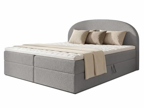 Sofnet Boxspringbett Cloud mit 2 Bettkästen, Doppelbett mit Bonell-Matratze und Topper, Polsterbett in weichem Bouclé-Stoff, Bett, Bettgestell für Schlafzimmer (Grau (Coral 75), 140 x 200 cm)