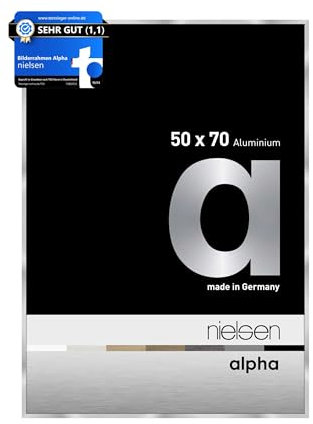 nielsen Bilderrahmen, 50 x 70 cm, Aluminium, Silber glanz, Posterrahmen zum Aufhängen im Hoch- & Querformat, Echtglas, Alpha
