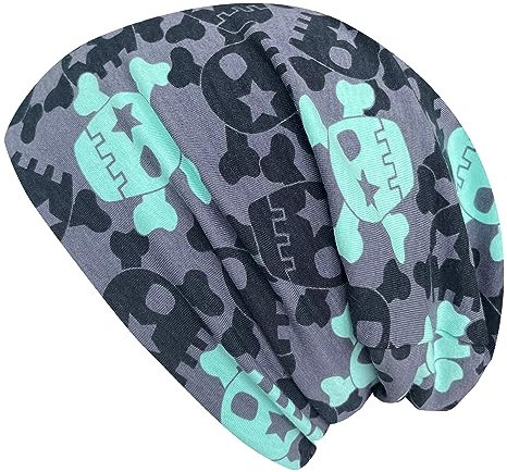 Wollhuhn ÖKO Jungen/Mädchen Bequeme Weiche Long Beanie/Mütze/Beanie-Mütze/Strickmütze/Kindermütze Jersey Gefüttert Übergangszeiten (Öko-Stoffe/Bio) (LB Coole Skulls Grau/Mint, M)