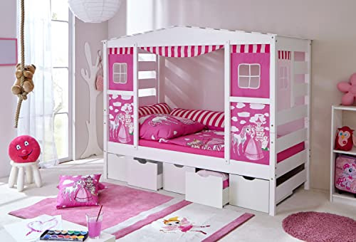 TiCAA Hausbett mit Bettkasten Horse Rosa Kiefer Weiß
