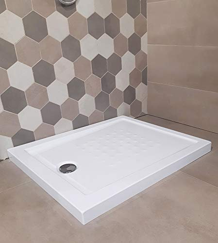 Piatto doccia acrilico rinforzato cm H 5,5 x 70 x 90 bianco con piletta cromata