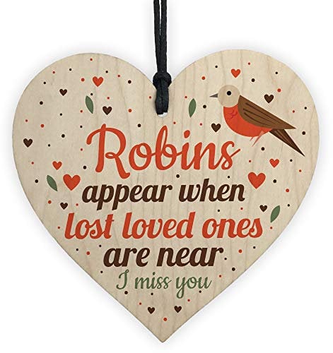 RED OCEAN Robins Appear When Lost Loved Ones Are Near Wooden Hanging Heart Memorial Christmas Tree Decoration Plaque